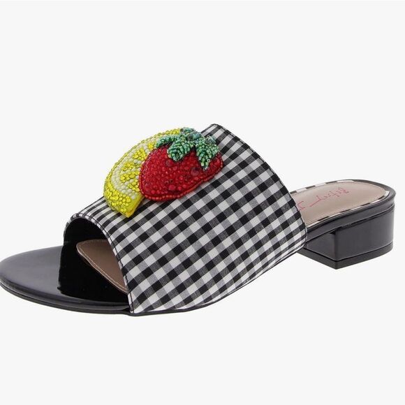 Betsey Johnson Black and White Gingham Sandals with Strawberry Appliqué - Picture 3 of 9
